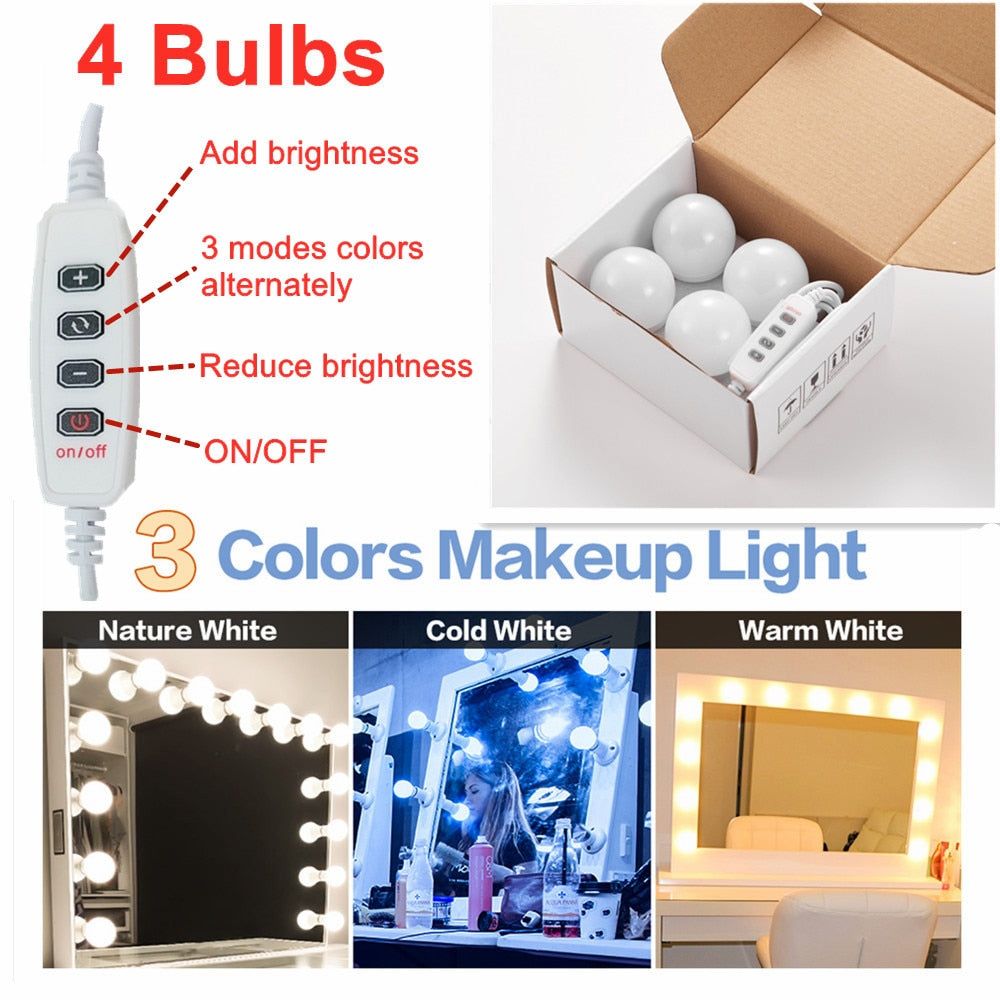 LED Make up Mirror Light Bulbs USB Hollywood Vanity Makeup Mirror Lights Bathroom Dressing Table Lighting Dimmable LED Wall Lamp