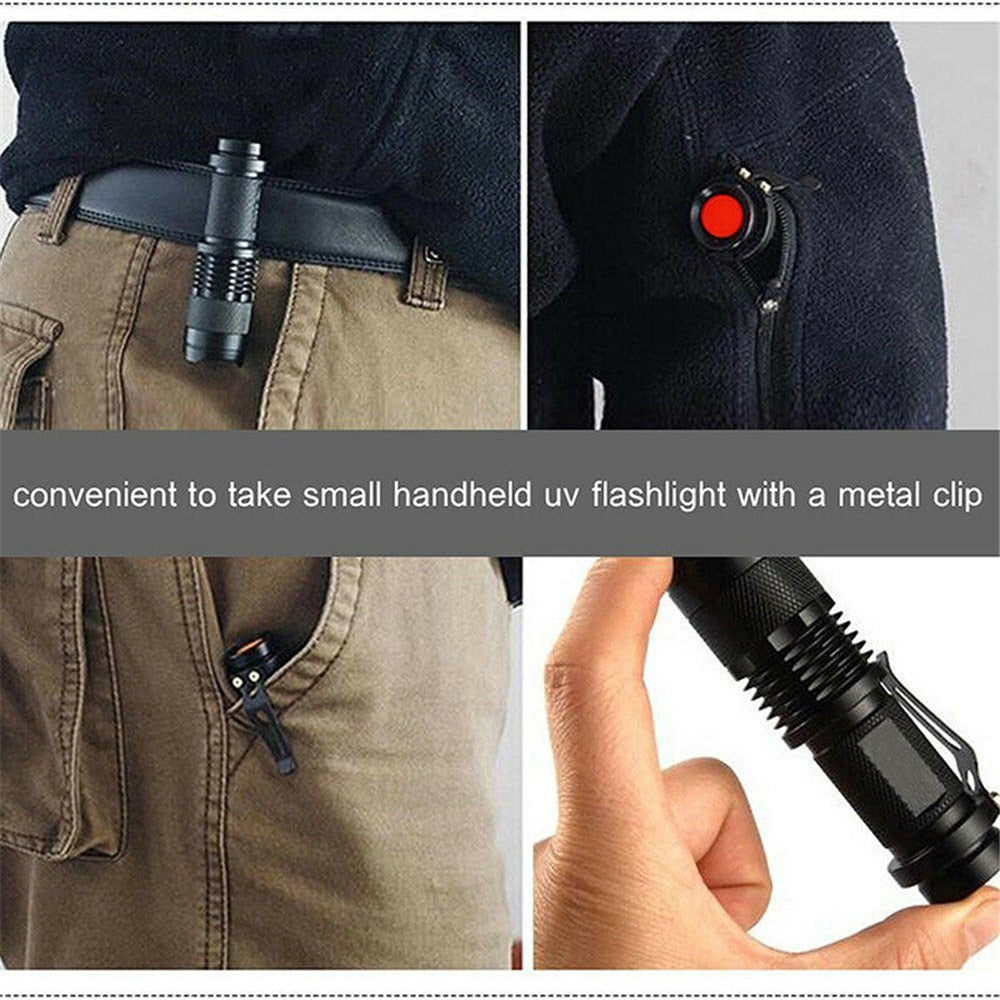 UV Flashlight Zoomable UV light Torch Lamp For Marker Checker Detection Using AA or 14500 battery