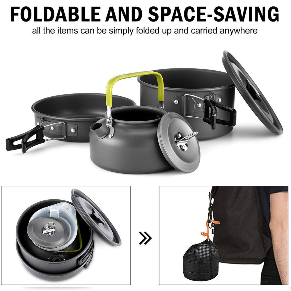 Camping Cookware Set Aluminum Nonstick Portable Outdoor Tableware Kettle Pot Cookset Cooking Pan Bowl for Hiking BBQ Picnic