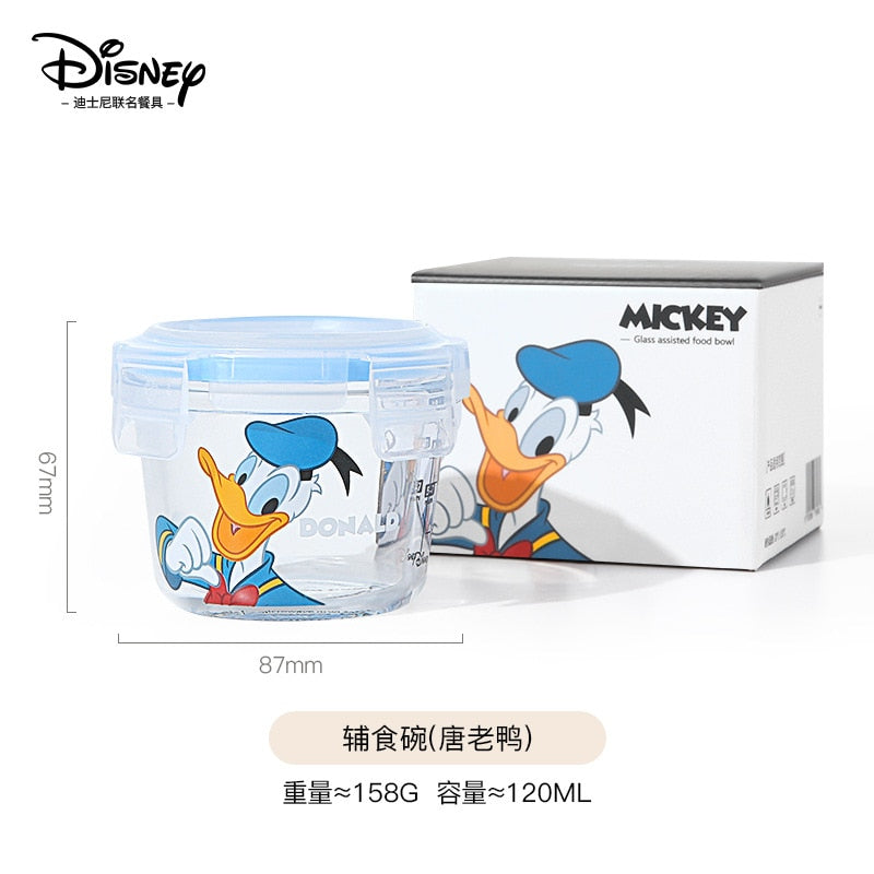 Disney Mickey Mouse Minnie Donald Duck Cartoon Glass Lunch Box with Lid Round Microwave Oven Soup Box Fruit Lunch Box