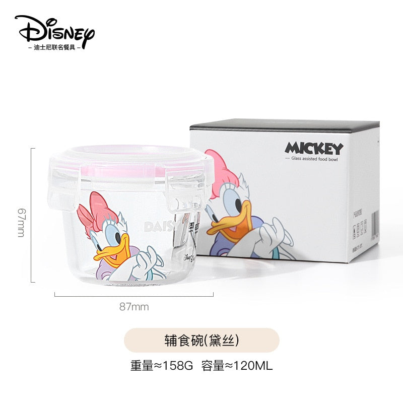 Disney Mickey Mouse Minnie Donald Duck Cartoon Glass Lunch Box with Lid Round Microwave Oven Soup Box Fruit Lunch Box