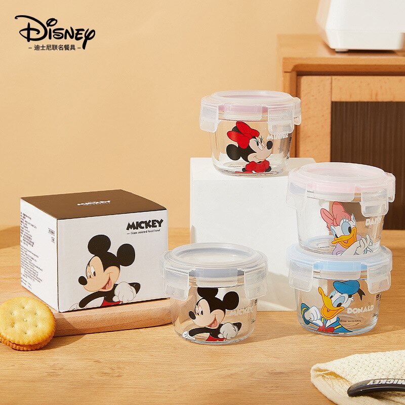 Disney Mickey Mouse Minnie Donald Duck Cartoon Glass Lunch Box with Lid Round Microwave Oven Soup Box Fruit Lunch Box