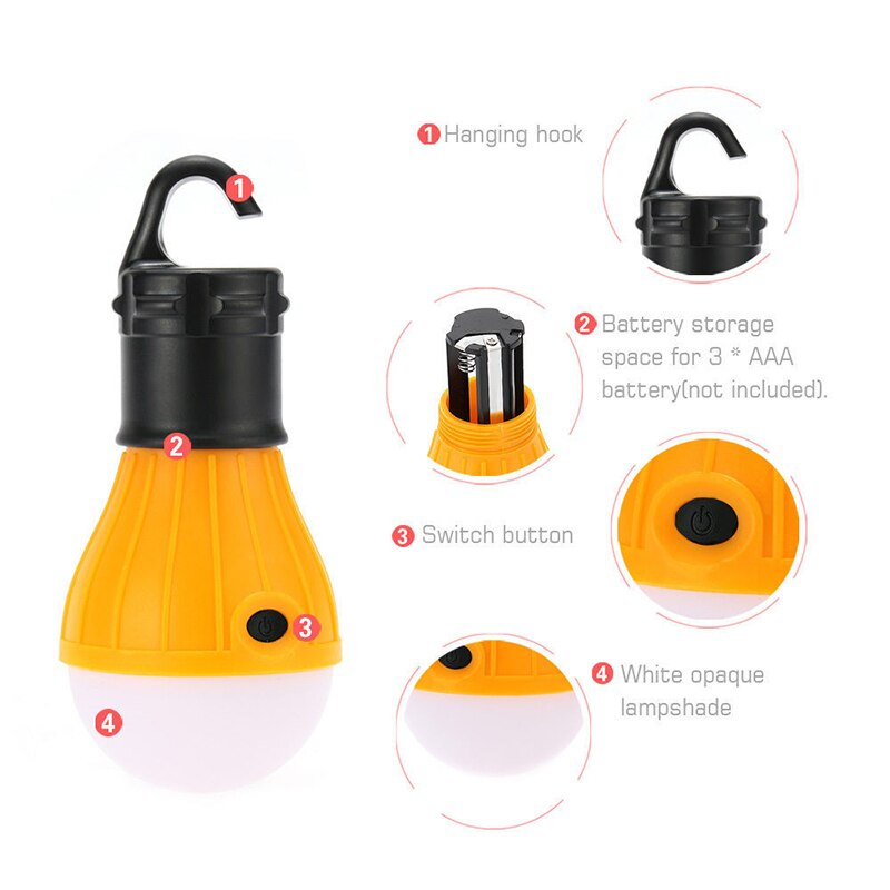 Portable 3 LEDs Camping Light Battery Operated Tent Lights Waterproof Emergency Lantern Light Bulb For Hiking Fishing Outdoor
