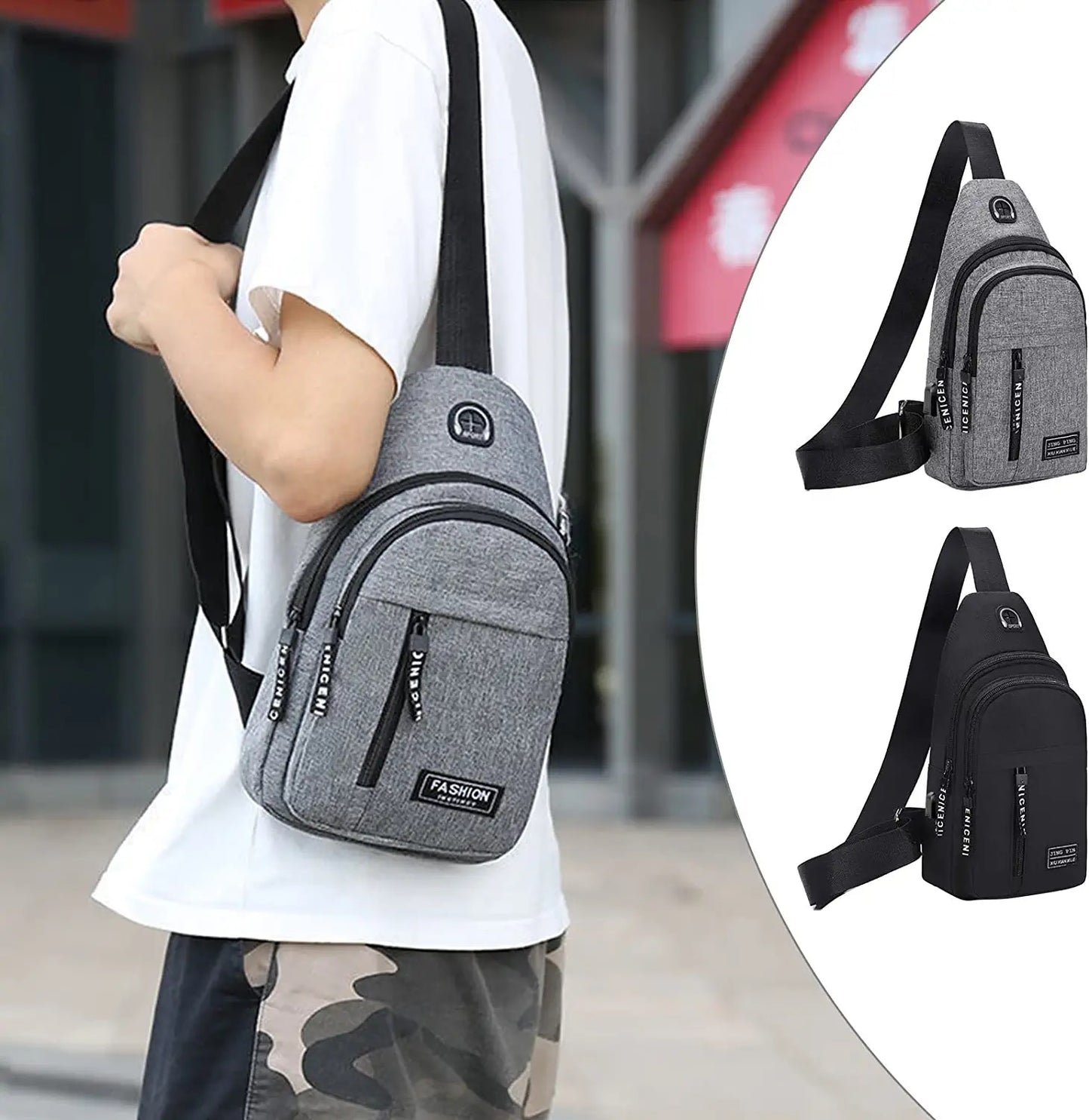 Mens Multi-functional Crossbody Bags Waterproof Strap Bag Backpack With USB Hole Headphone Hole Strap Backpack for Outdoor Trip