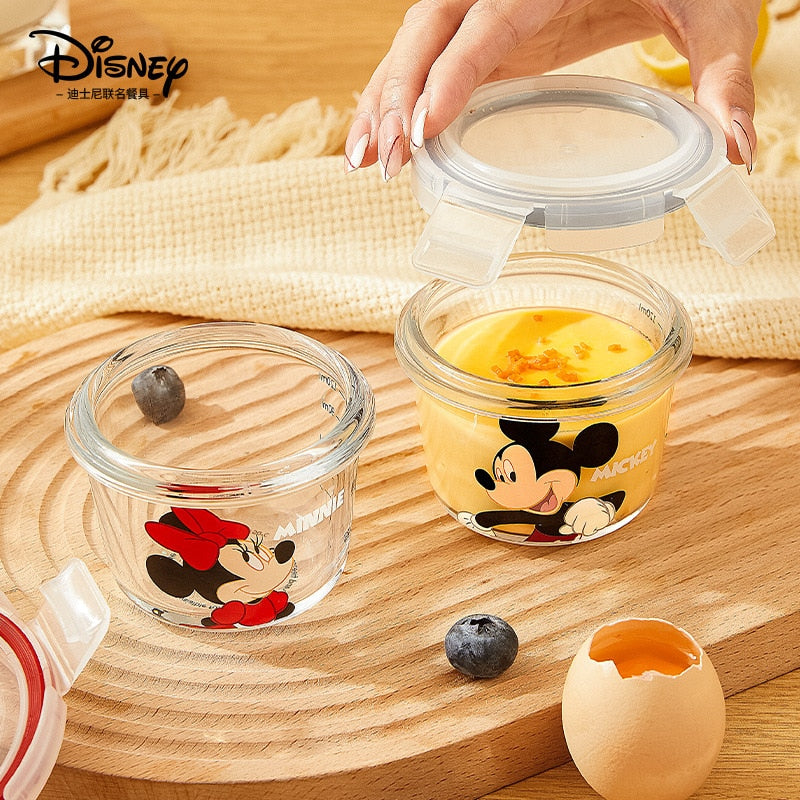 Disney Mickey Mouse Minnie Donald Duck Cartoon Glass Lunch Box with Lid Round Microwave Oven Soup Box Fruit Lunch Box