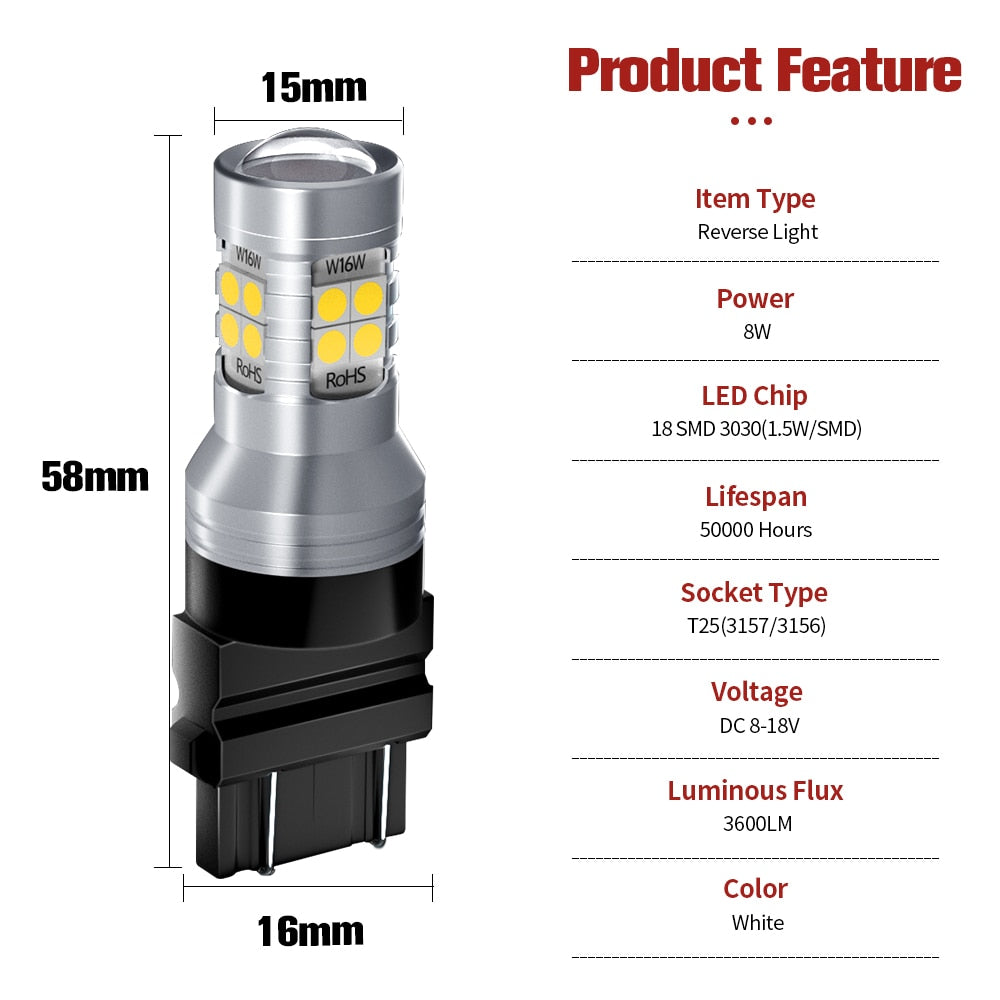 Super Bright 2pcs LED Reverse Light Backup T25 3157 3156 P27/7W P27W Canbus Error Free For Ford Mustang 2015-2019
