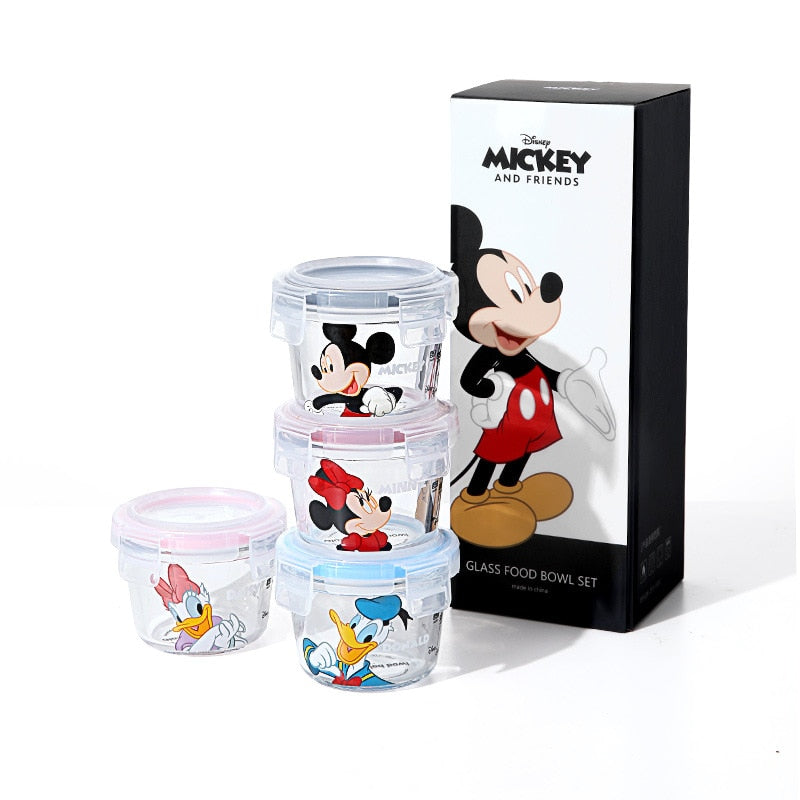 Disney Mickey Mouse Minnie Donald Duck Cartoon Glass Lunch Box with Lid Round Microwave Oven Soup Box Fruit Lunch Box