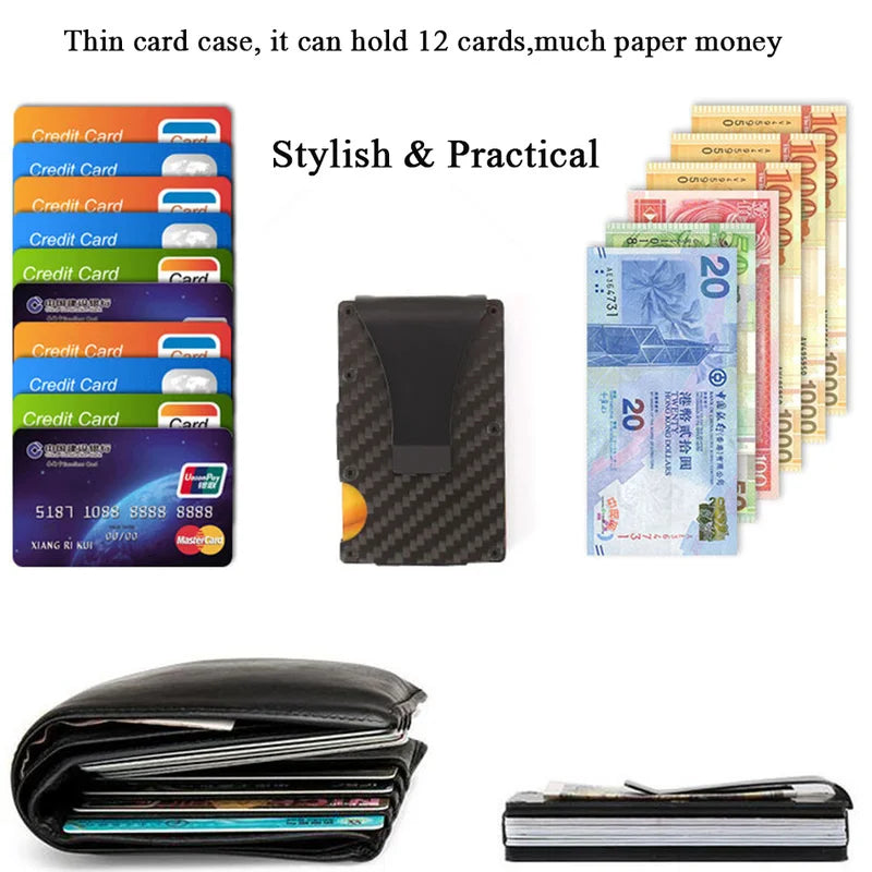 New ID Credit Card Holder Wallet Men Carbon Fiber Minimalist Card Case Rfid Blocking Slim Metal Cardholder Laser Logo Money Clip
