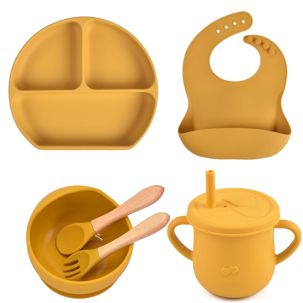 6PCS/Set Baby Silicone Dining Plate With Sucker Bowl Sippy Cup Bibs Spoon Fork BPA Free Children Feeding Tableware Baby Dishes