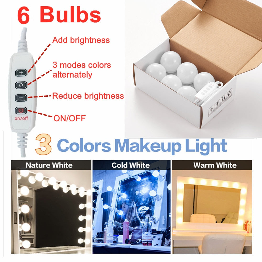 LED Make up Mirror Light Bulbs USB Hollywood Vanity Makeup Mirror Lights Bathroom Dressing Table Lighting Dimmable LED Wall Lamp