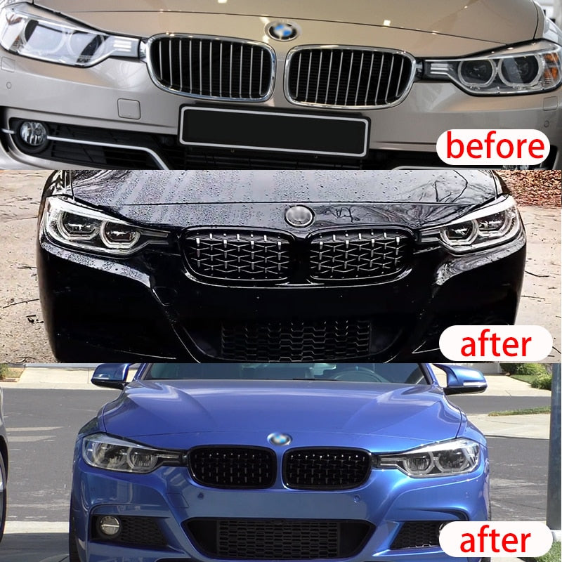 NEW-Glossy Black Dual Slats Front Kidney Grille Chrome Diamond Grill Replacement for BMW 3 series F30 F31 F35 2011-2019