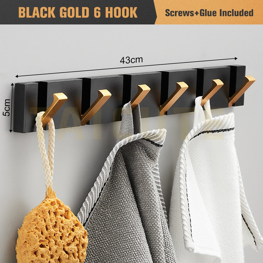 Folding Towel Hanger 2ways Installation Wall Hooks Coat Clothes Holder for Bathroom Kitchen Bedroom Hallway, Black Gold