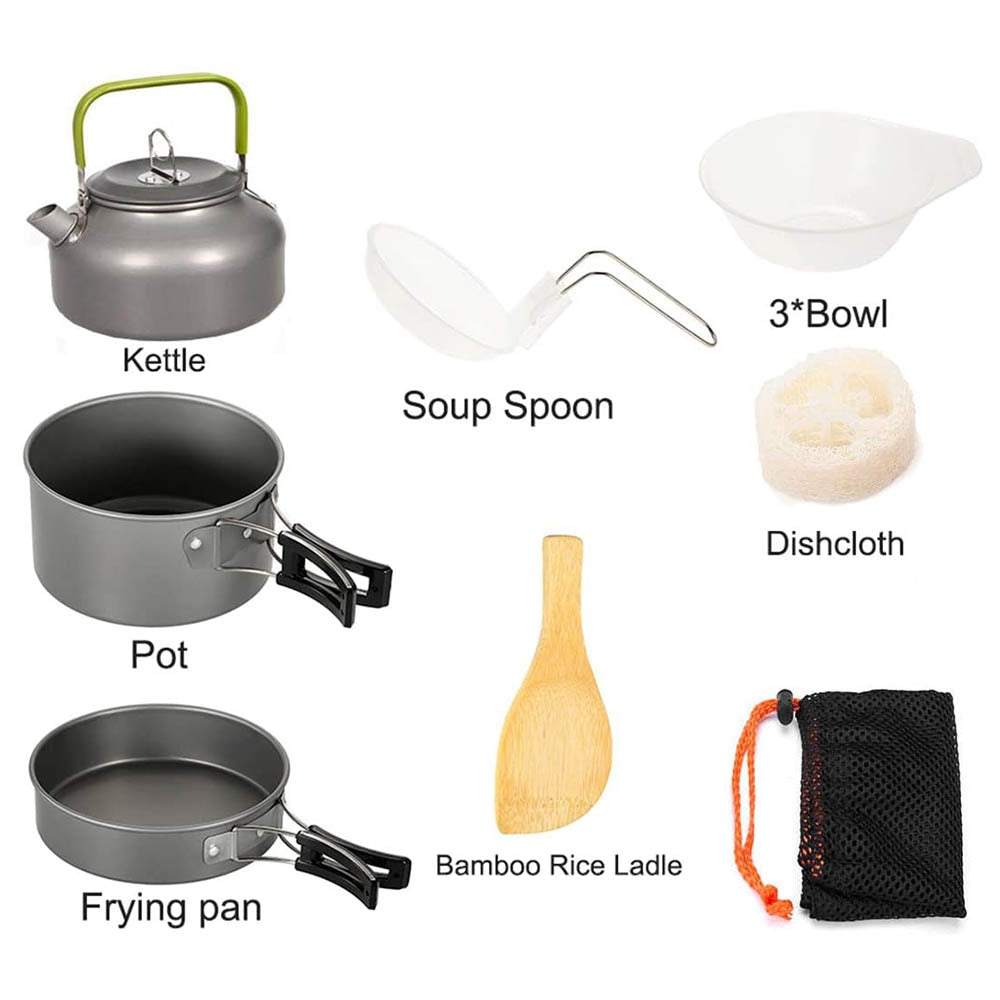 Camping Cooker Set Cookware Kit Outdoor Pot Pan Stove Kettle Cups Tableware Tourist Dishes Nature Hike Equipment