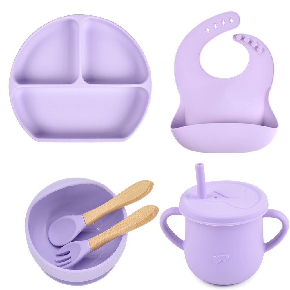 6PCS/Set Baby Silicone Dining Plate With Sucker Bowl Sippy Cup Bibs Spoon Fork BPA Free Children Feeding Tableware Baby Dishes