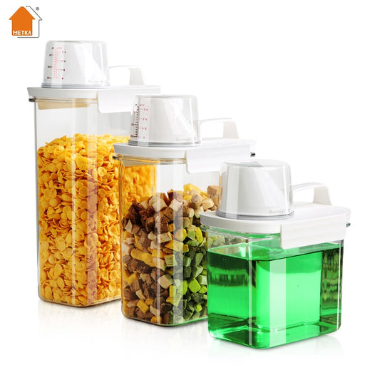 METEKA Laundry Powder Detergent Dispenser Cat Dry Food Storage Container Multipurpose Plastic Cereal Jar with Measuring Cup