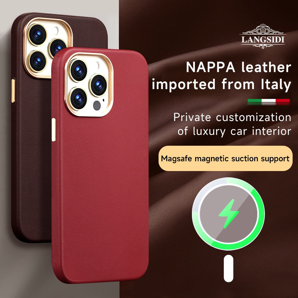 Original Leather for Magsafe Case for iPhone 13 12 14 Pro Max 14Pro 13Pro Magnetic Cover with Tempered Glass Screen Protector