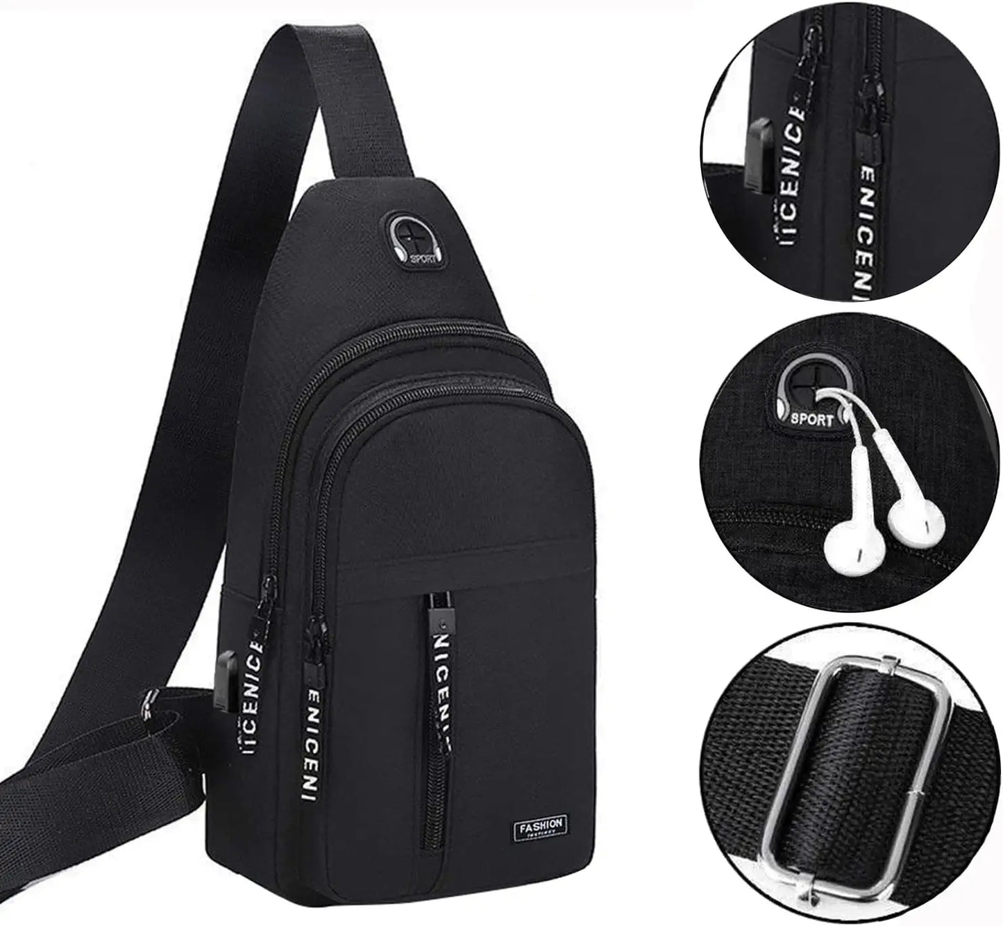 Mens Multi-functional Crossbody Bags Waterproof Strap Bag Backpack With USB Hole Headphone Hole Strap Backpack for Outdoor Trip