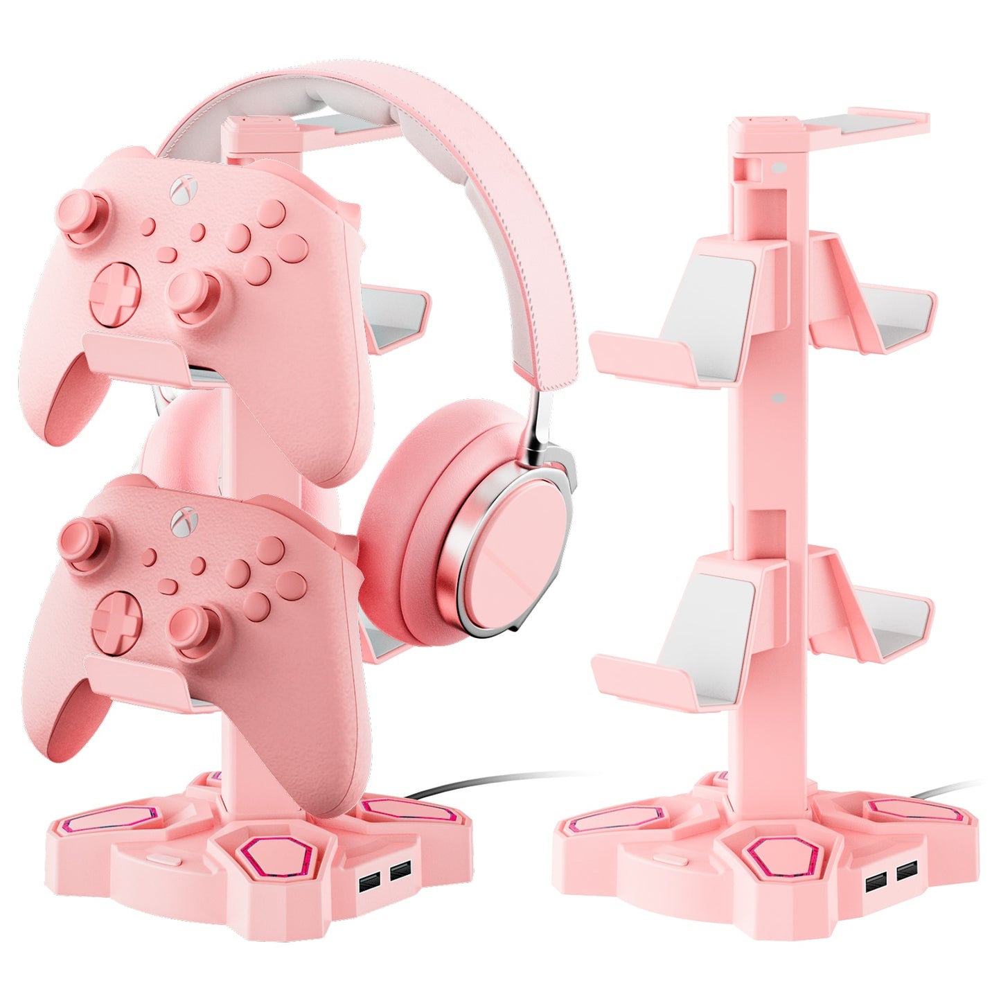 USB Hub Controller Holder Headphones Stand Rotatable Headset Stand with 9 Light Modes with 2 USB Charging Type-C Ports