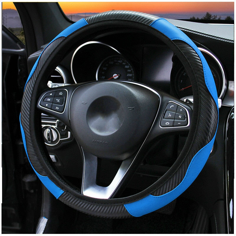Car Steering Wheel Cover Carbon Fiber Breathable Anti Slip PU Leather Universal 37-38cm Steering Covers Decoration Accessories