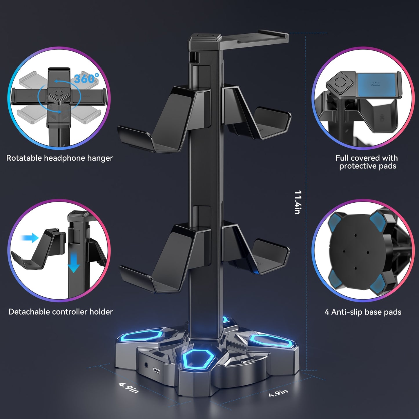 USB Hub Controller Holder Headphones Stand Rotatable Headset Stand with 9 Light Modes with 2 USB Charging Type-C Ports