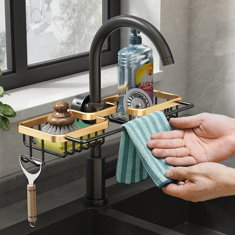 Kitchen Sink Organizer Drain Rack Aluminum Faucet Holder Sponge Storage Soap Drainer Shelves Hanging Basket Bathroom Accessories