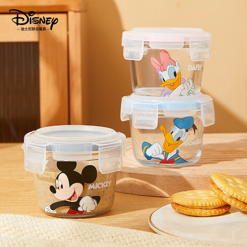 Disney Mickey Mouse Minnie Donald Duck Cartoon Glass Lunch Box with Lid Round Microwave Oven Soup Box Fruit Lunch Box